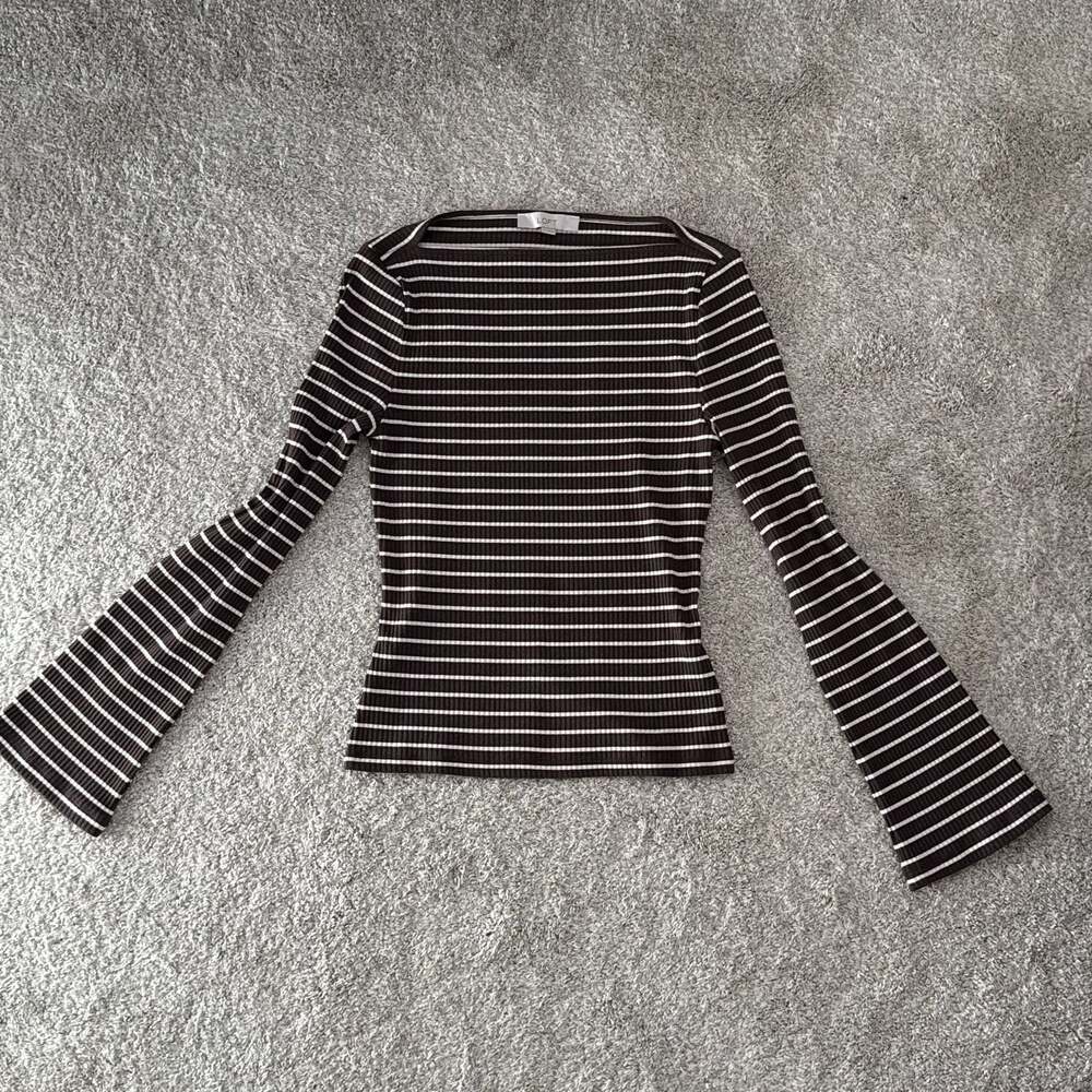 LOFT Striped Brown Ribbed Boat Neck Bell Sleeve Top Size M